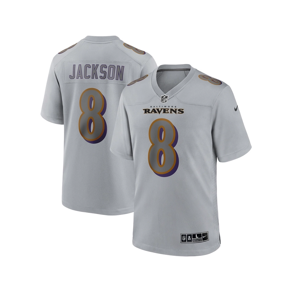 Mens Baltimore Ravens Lamar Jackson Gray Atmosphere Fashion Game Jersey