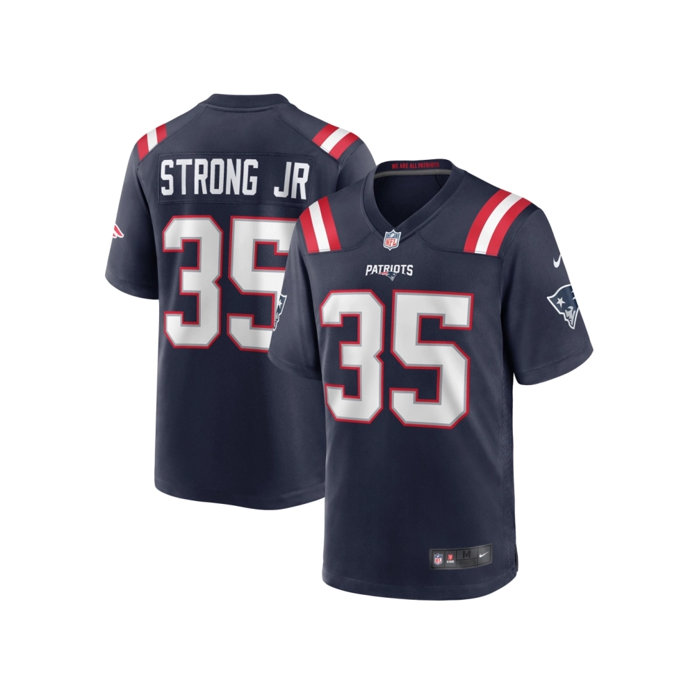 Mens New England Patriots Pierre Strong Jr. Navy Game Player Jersey