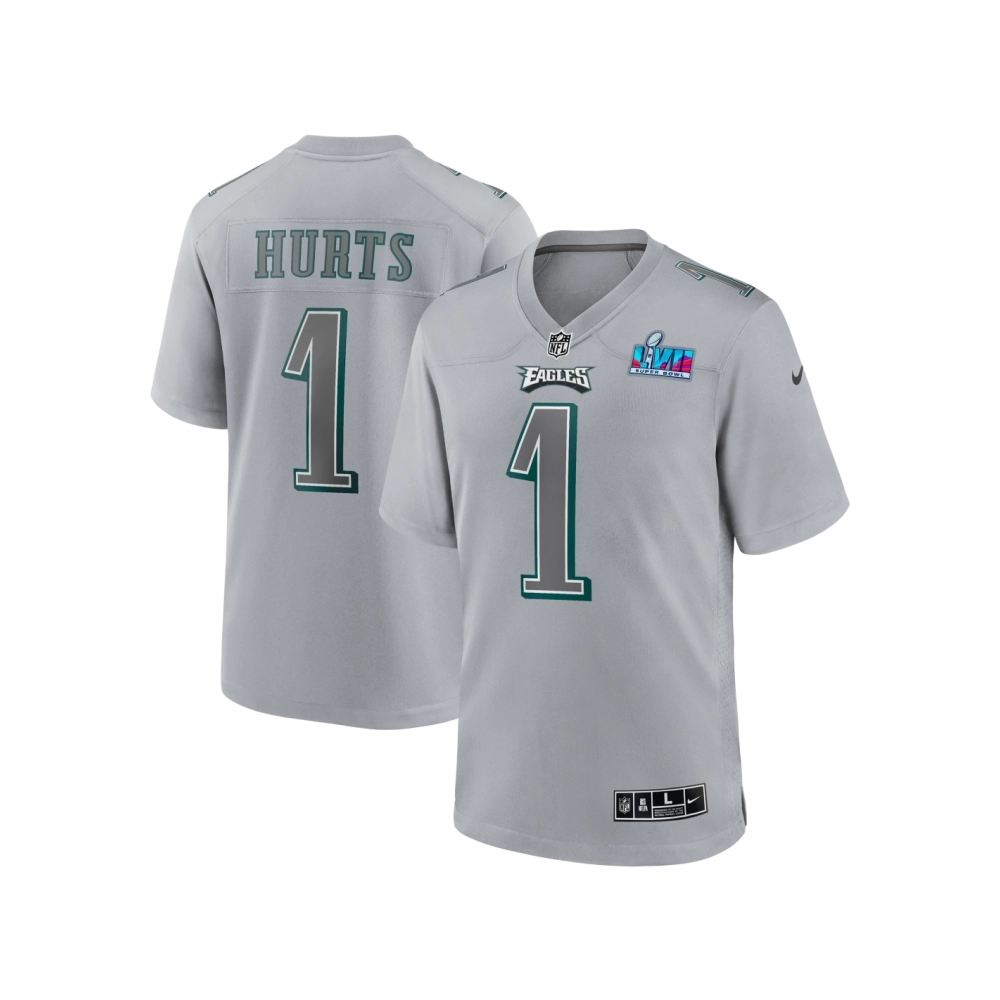 Mens Philadelphia Eagles Jalen Hurts Gray Super Bowl LVII Patch Atmosphere Fashion Game Jersey
