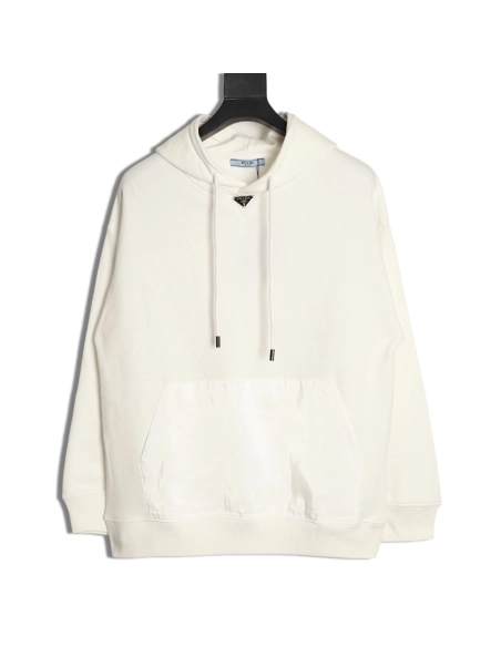 Prada Classic Collar Triangle Logo Nylon Kangaroo Pocket Hoodie,Prada