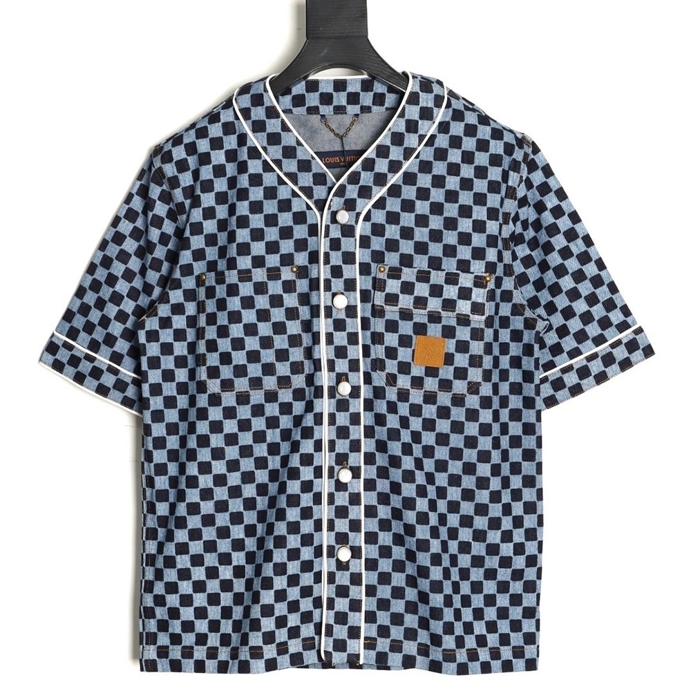 Louis Vuitton checkerboard shortsleeved denim shirt,Louis Vuitton Shirt,Shirt,APPAREL