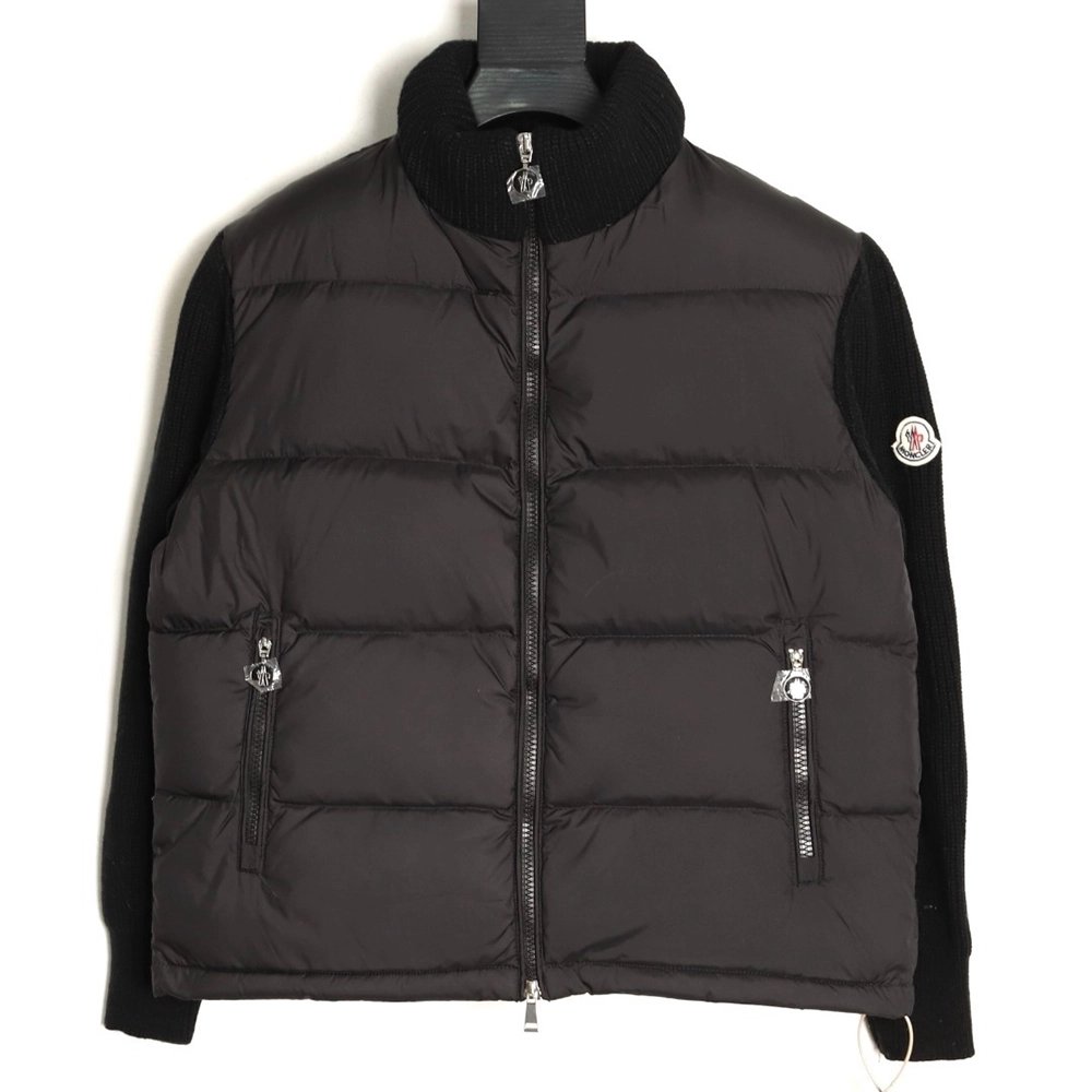 Moncler sleeve patchwork knitted stand collar lightweight down jacket,Moncler Jacket,Jacket,APPAREL