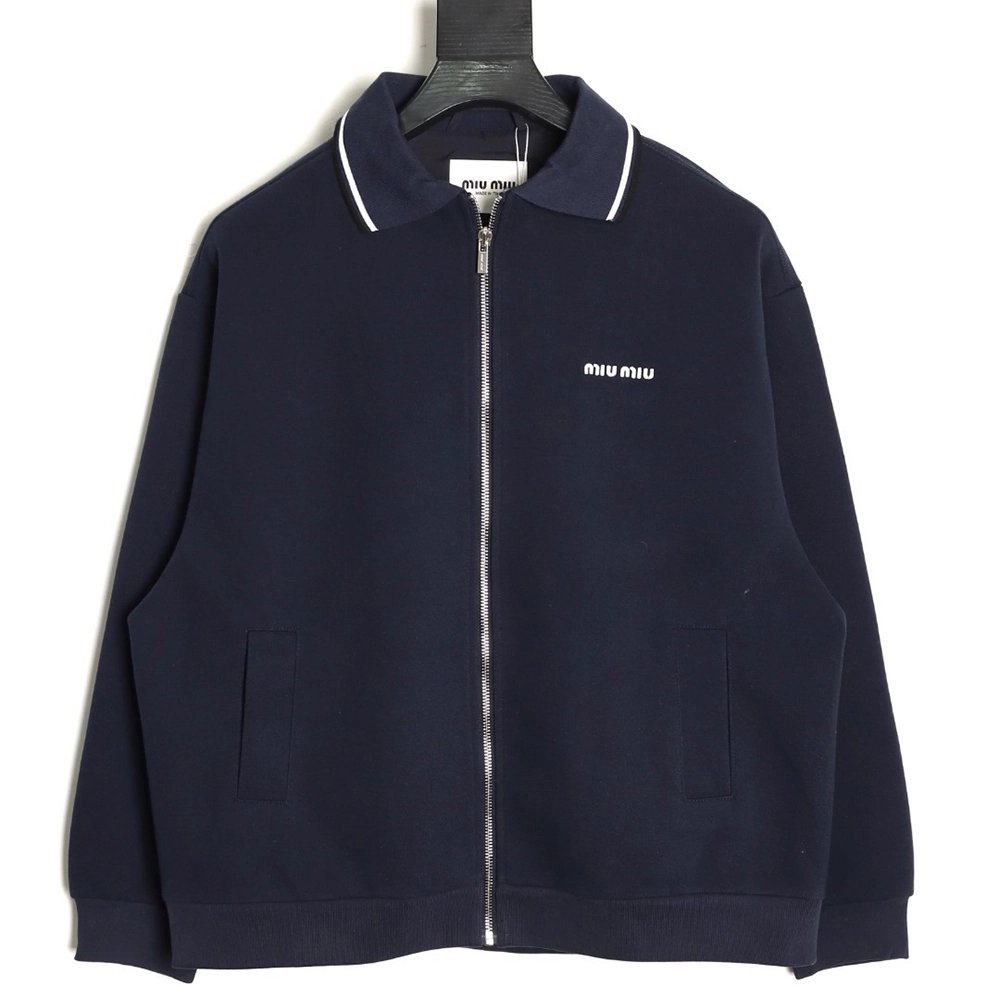 Miu Miu striped collar pique lettering zipper jacket,Miu Miu Jacket,Jacket,APPAREL