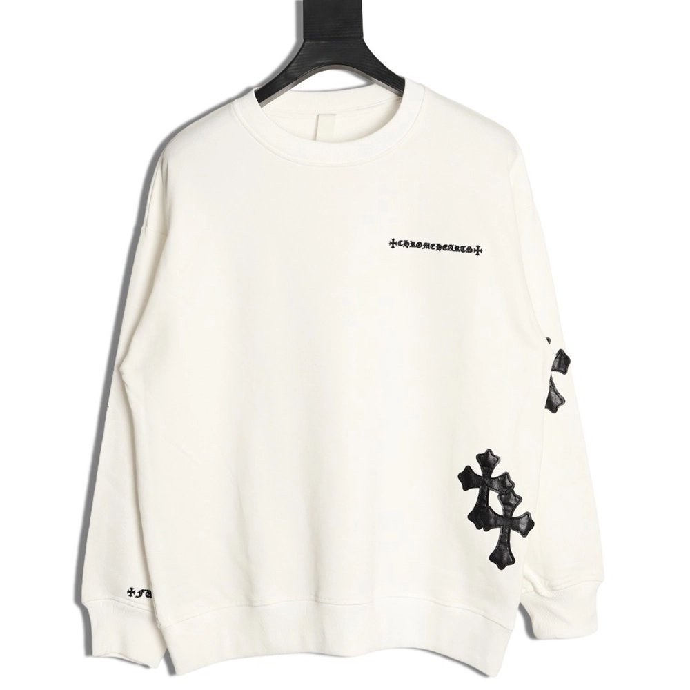 Chrome Hearts leather cross embroidered crewneck sweatshirt,Chrome Hearts Sweatshirt,Sweatshirt,APPAREL