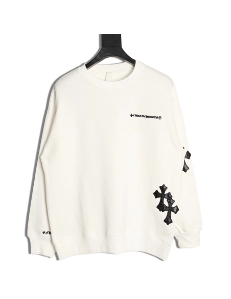 Chrome Hearts leather cross embroidered crewneck sweatshirt,Chrome Hearts Sweatshirt,Sweatshirt,APPAREL