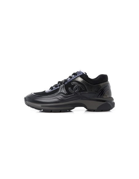 Chanel Womens CC Low-Top Sneakers Fabric And Laminated Leather Black