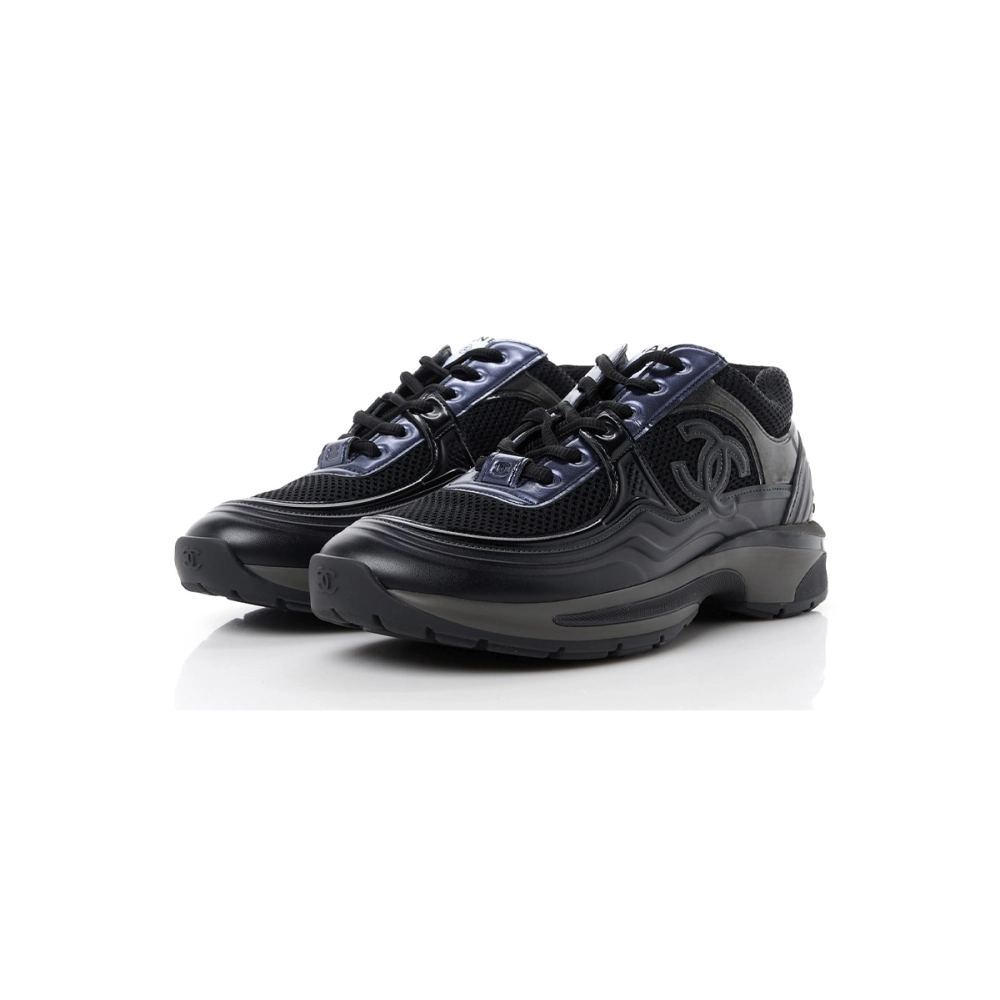 Chanel Womens CC Low-Top Sneakers Fabric And Laminated Leather Black