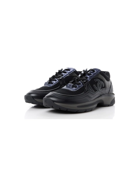 Chanel Womens CC Low-Top Sneakers Fabric And Laminated Leather Black