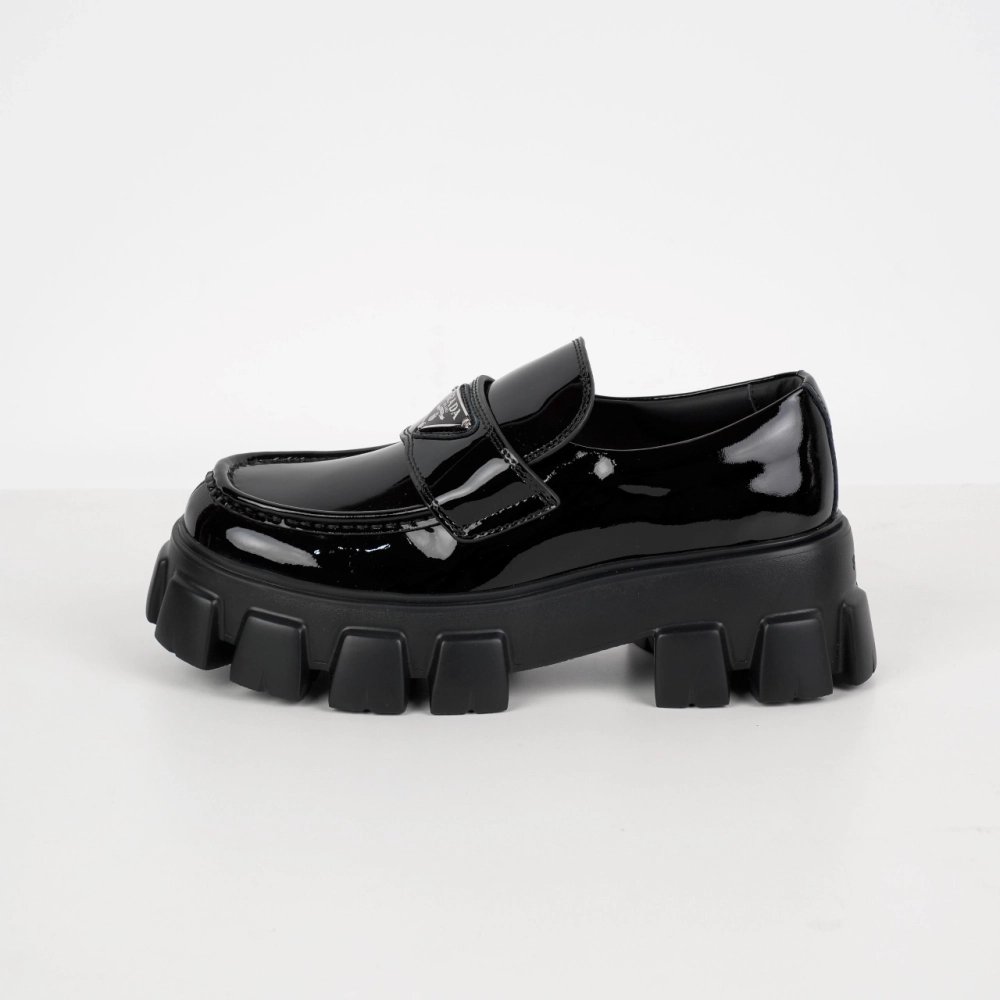 Prada Monolith Triangle Logo Leather Platform Loafers Black