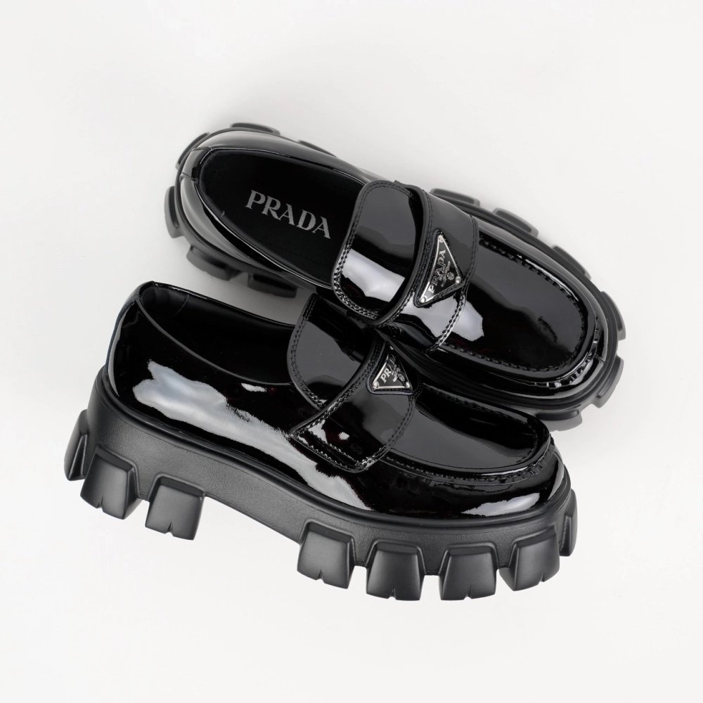 Prada Monolith Triangle Logo Leather Platform Loafers Black