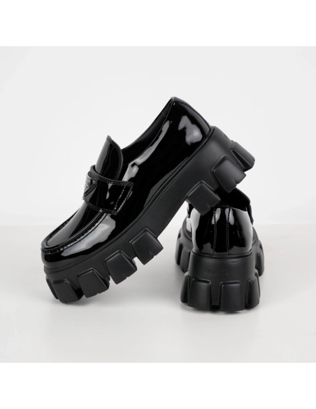 Prada Monolith Triangle Logo Leather Platform Loafers Black