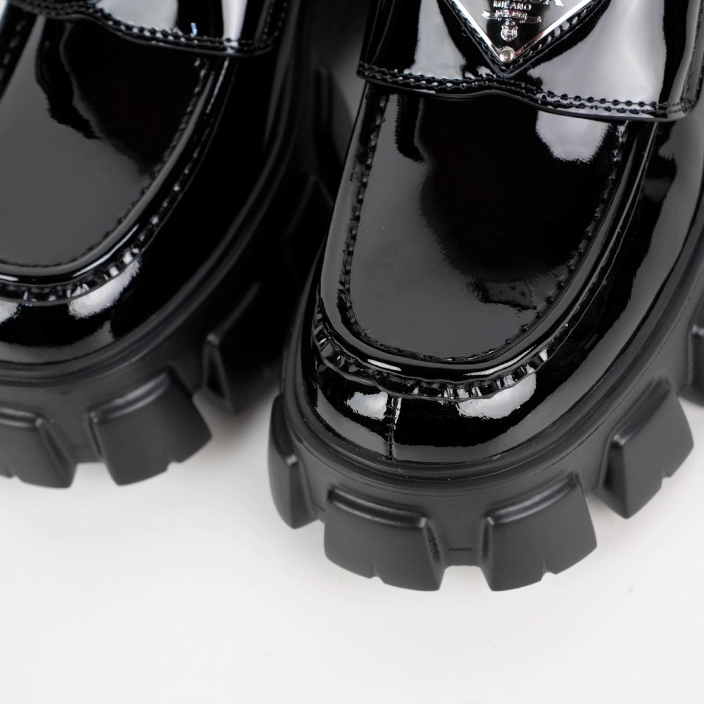 Prada Monolith Triangle Logo Leather Platform Loafers Black