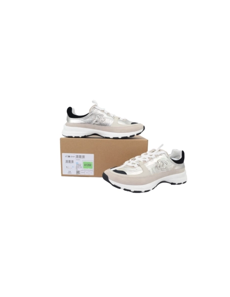 Chanel Interlocking CC Logo Laminated Calfskin Suede Calfskin Sneakers Light Gold, Light Gray Black