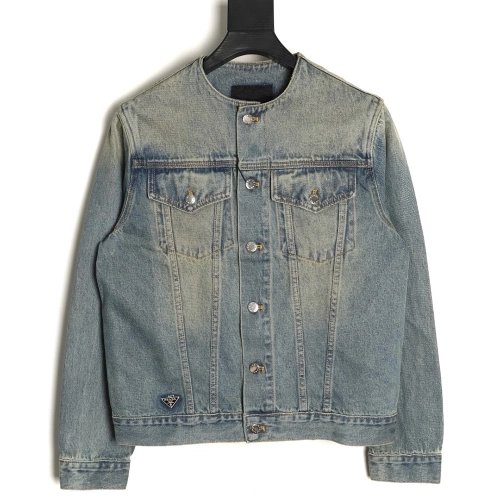 Prada Classic Solid Color Washed Crew Neck Denim Jacket,Prada