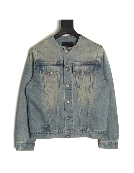 Prada Classic Solid Color Washed Crew Neck Denim Jacket,Prada