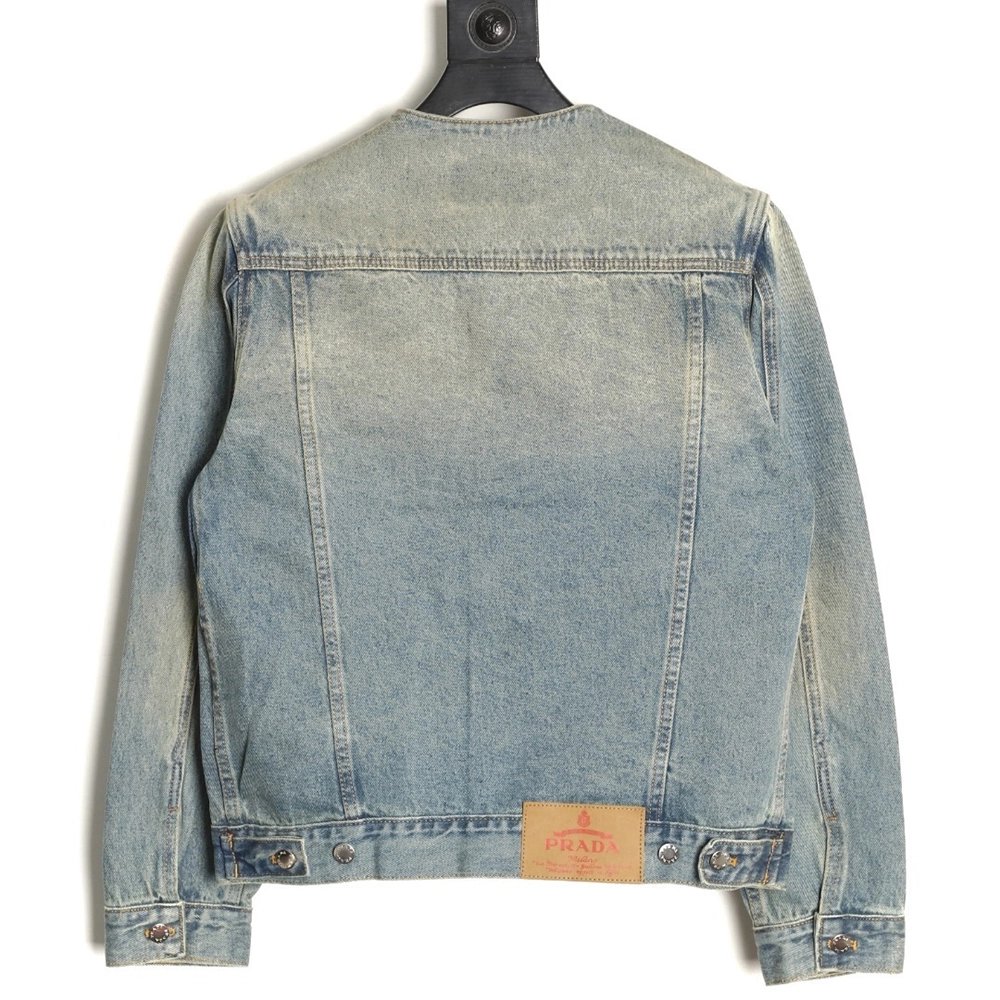 Prada Classic Solid Color Washed Crew Neck Denim Jacket,Prada