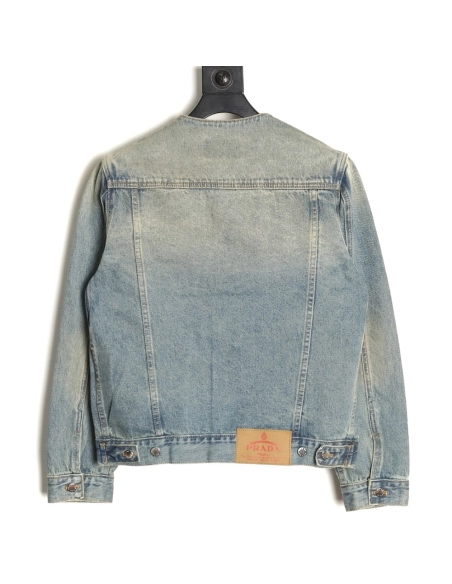 Prada Classic Solid Color Washed Crew Neck Denim Jacket,Prada