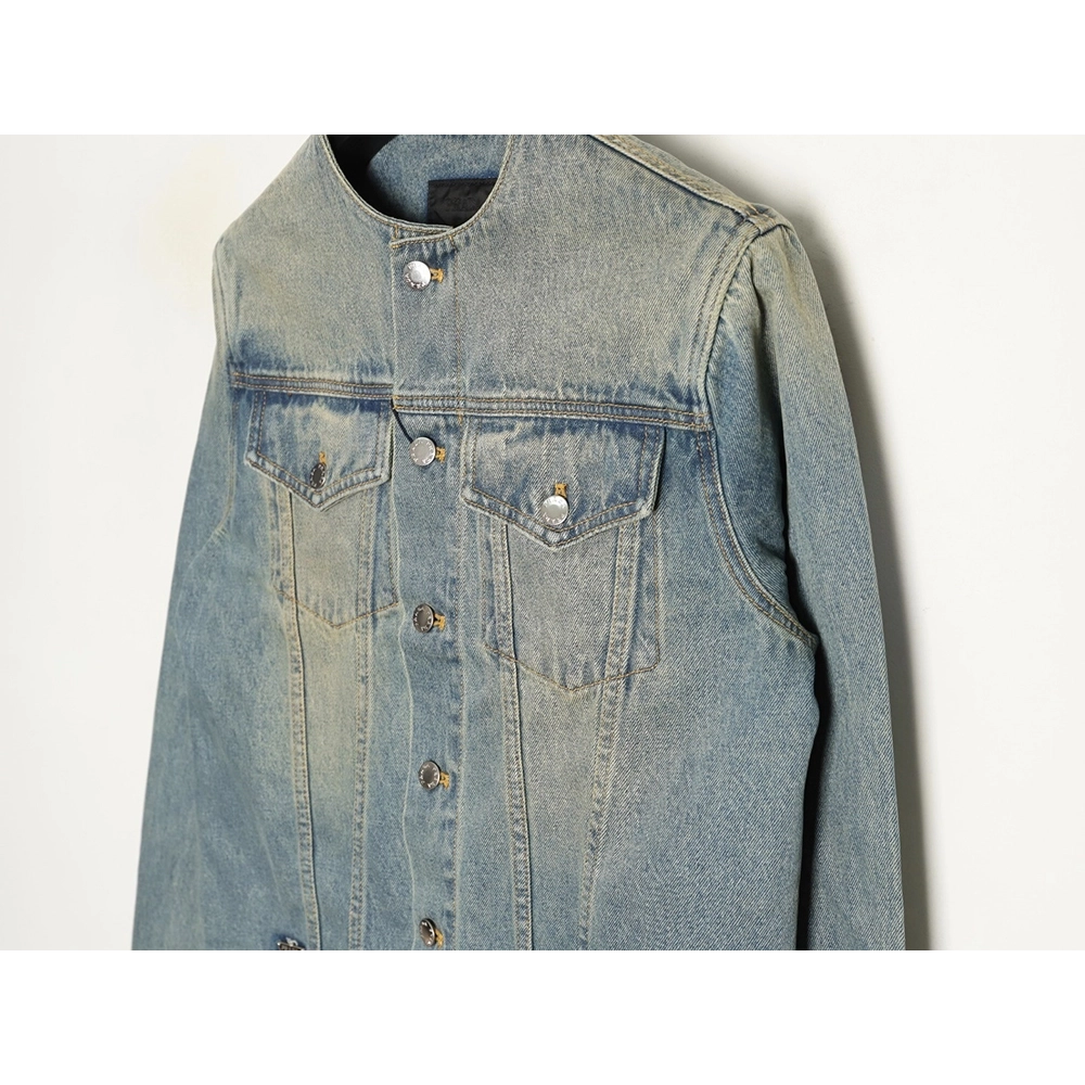 Prada Classic Solid Color Washed Crew Neck Denim Jacket,Prada