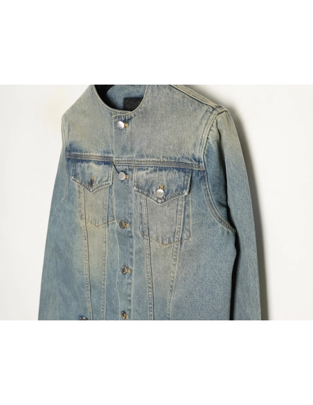 Prada Classic Solid Color Washed Crew Neck Denim Jacket,Prada