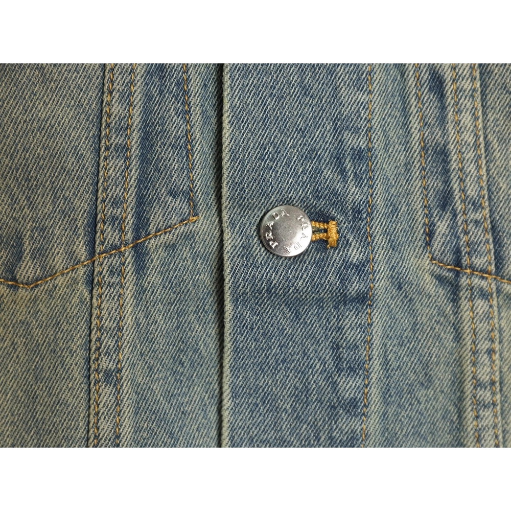 Prada Classic Solid Color Washed Crew Neck Denim Jacket,Prada