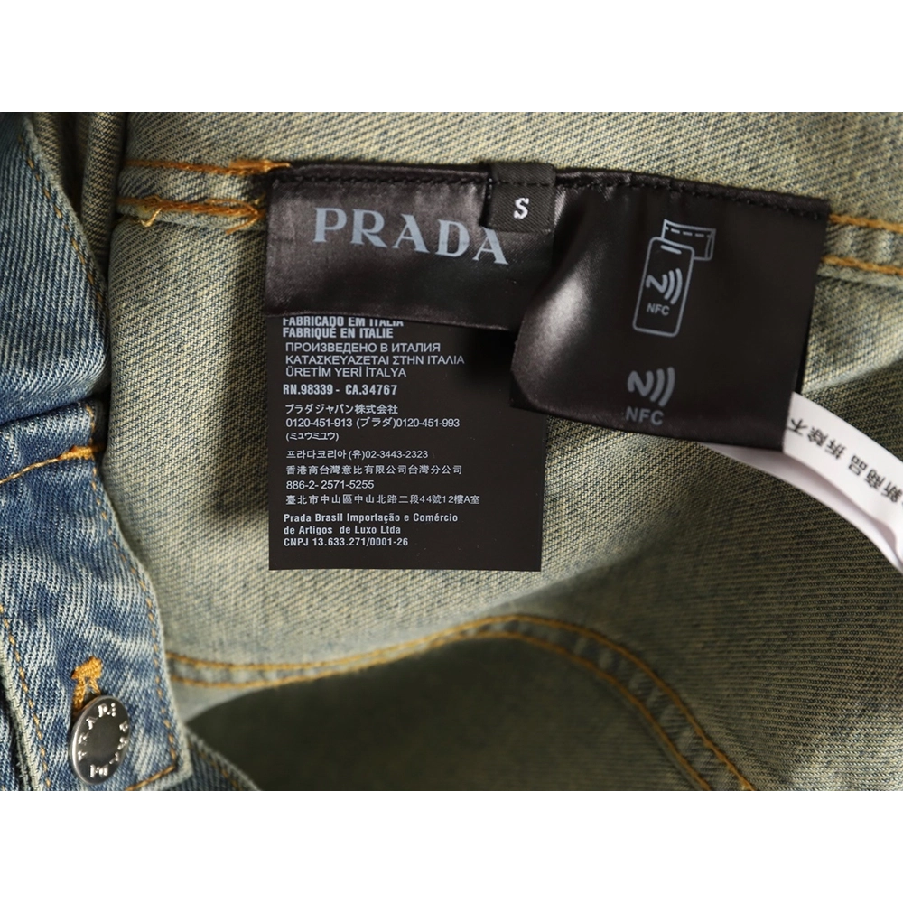 Prada Classic Solid Color Washed Crew Neck Denim Jacket,Prada