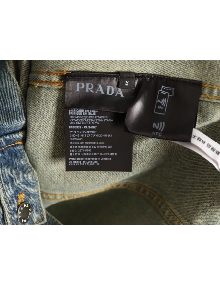 Prada Classic Solid Color Washed Crew Neck Denim Jacket,Prada
