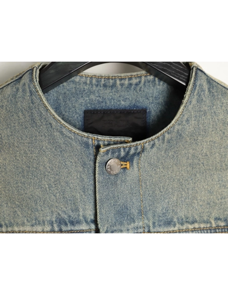 Prada Classic Solid Color Washed Crew Neck Denim Jacket,Prada