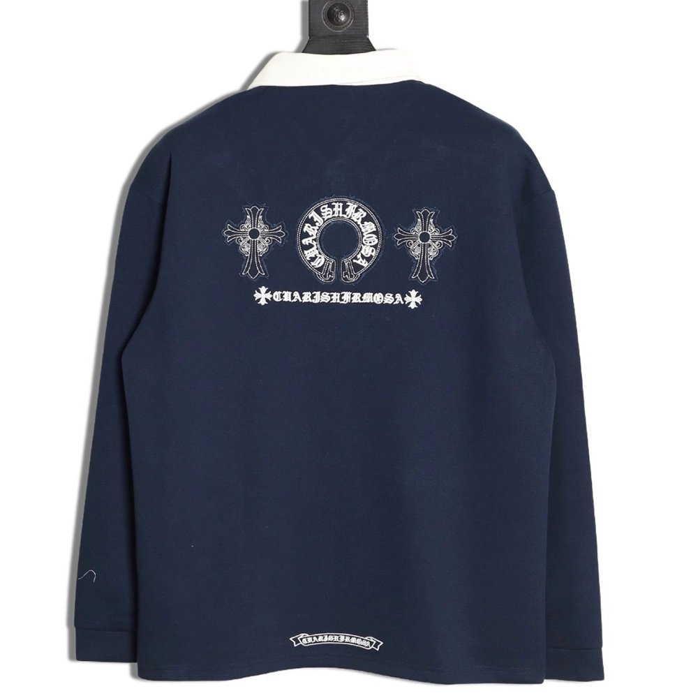 Chrome Hearts Cross Embroidered Collar Long-Sleeve Polo Shirt,Chrome Hearts