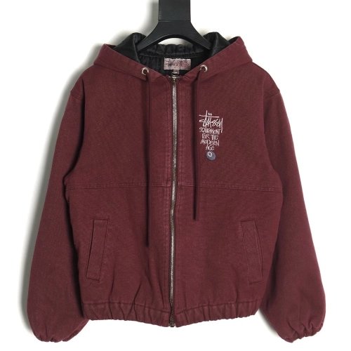 Stussy washed distressed letter embroidered black 8 hooded cotton jacket,Stussy