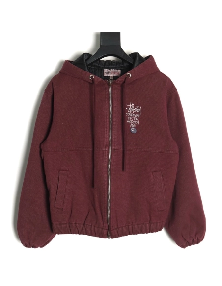 Stussy washed distressed letter embroidered black 8 hooded cotton jacket,Stussy