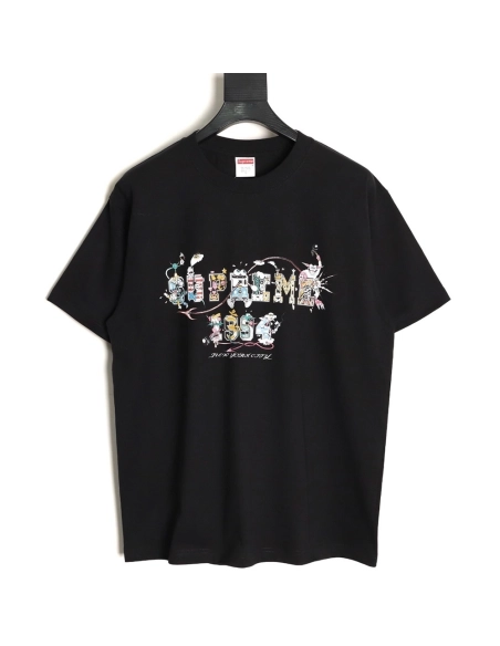 Supreme Cartoon Logo Letter Print Crew Neck Short Sleeve T-Shirt,Supreme