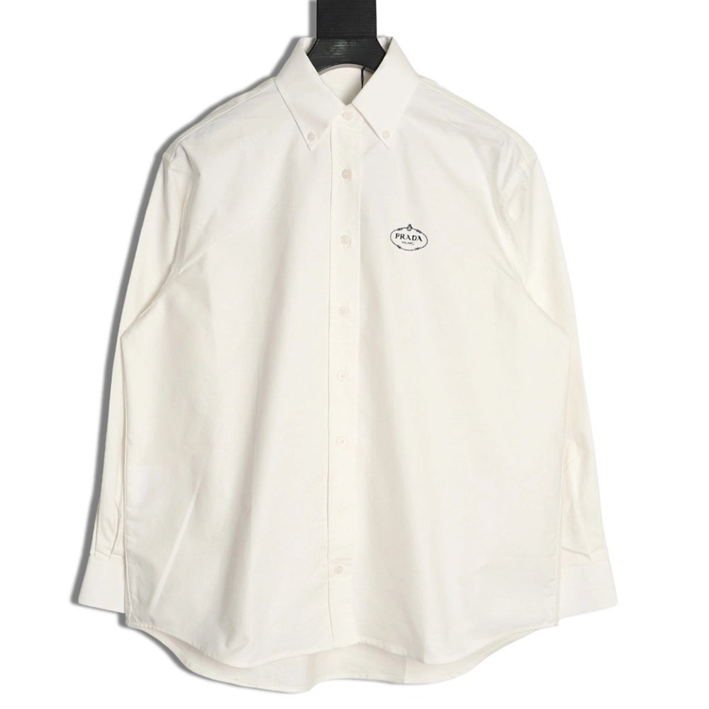 Prada round logo embroidered long-sleeved shirt,Prada