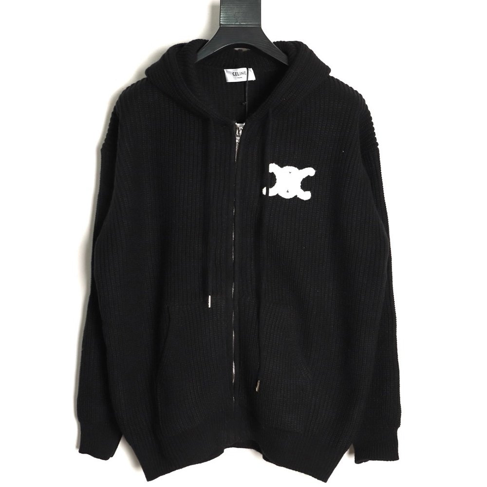 Celine Embroidered Logo Zippered Knit Hoodie,Celine