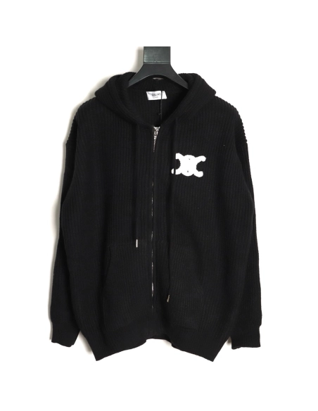 Celine Embroidered Logo Zippered Knit Hoodie,Celine