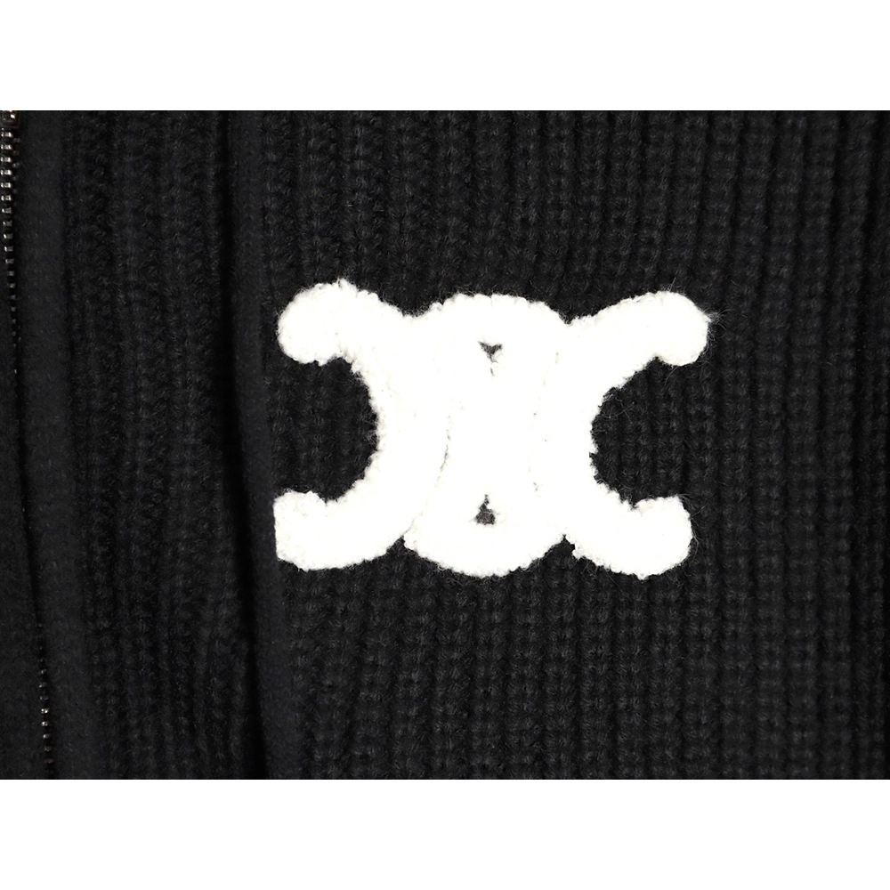 Celine Embroidered Logo Zippered Knit Hoodie,Celine