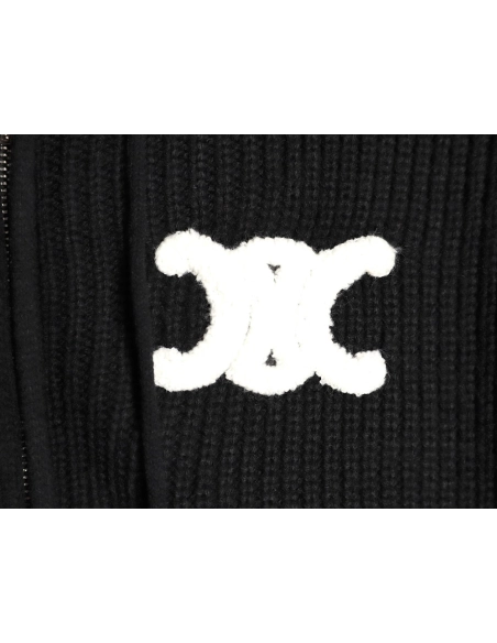 Celine Embroidered Logo Zippered Knit Hoodie,Celine