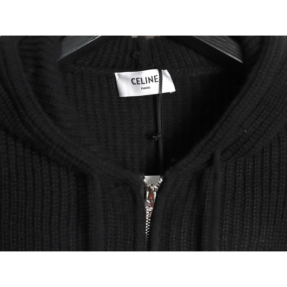 Celine Embroidered Logo Zippered Knit Hoodie,Celine