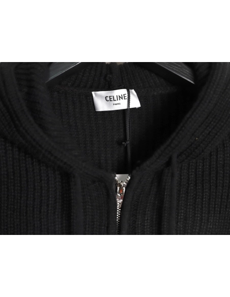 Celine Embroidered Logo Zippered Knit Hoodie,Celine