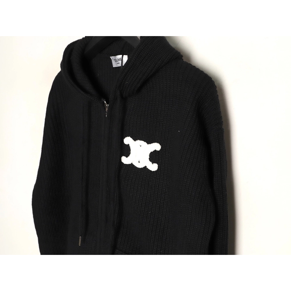 Celine Embroidered Logo Zippered Knit Hoodie,Celine