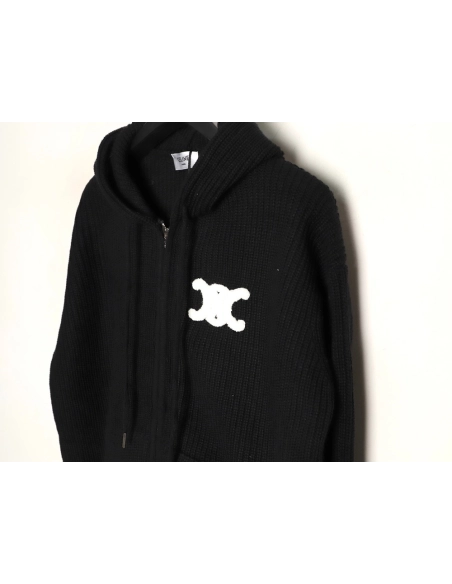 Celine Embroidered Logo Zippered Knit Hoodie,Celine