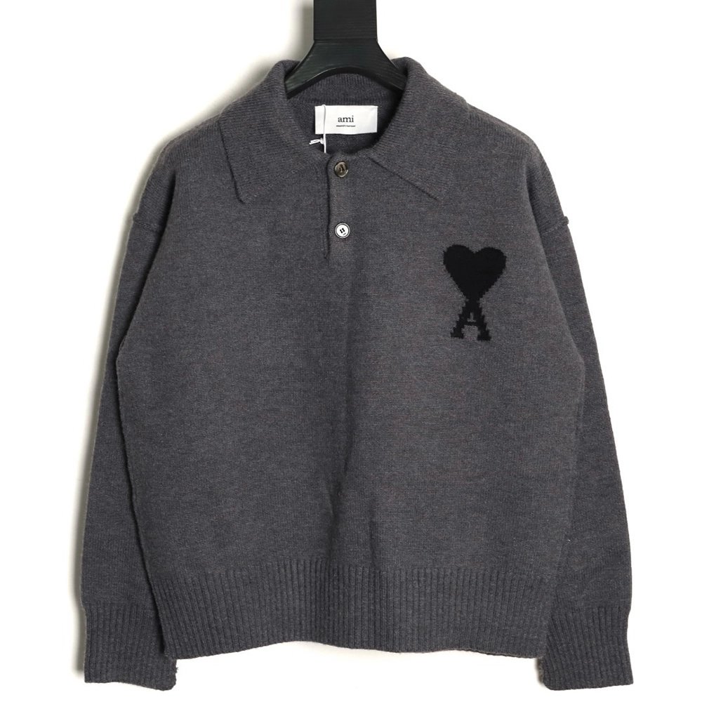 Ami Paris Heart Jacquard Knit Collar Polo Sweater,Ami