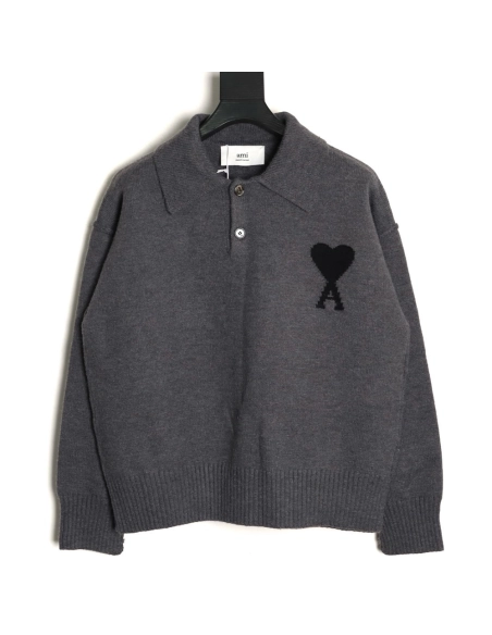 Ami Paris Heart Jacquard Knit Collar Polo Sweater,Ami
