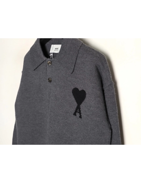 Ami Paris Heart Jacquard Knit Collar Polo Sweater,Ami