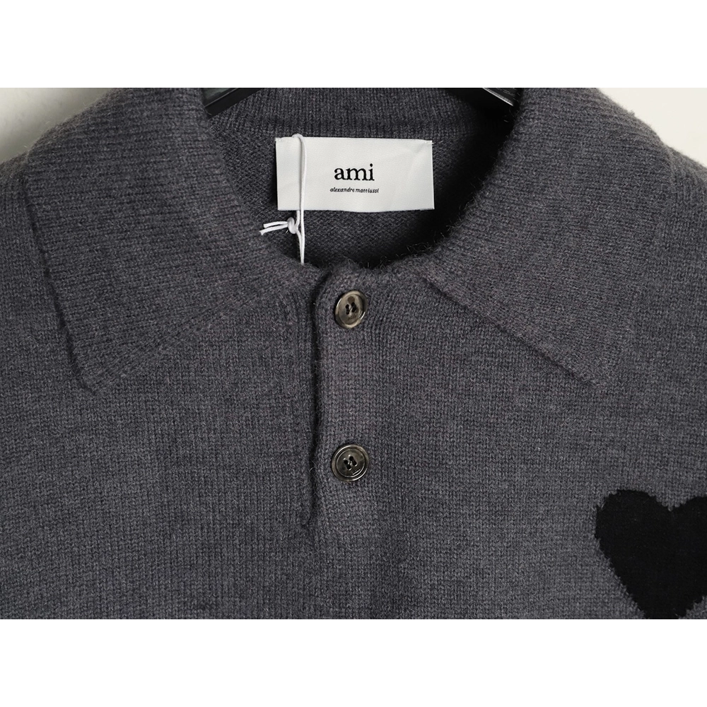Ami Paris Heart Jacquard Knit Collar Polo Sweater,Ami