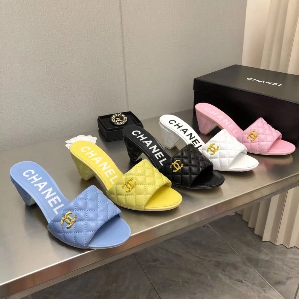 Chanel Lambskin Quilted CC Gold Logo Cone Heel Mule Slide Sandal,CHANEL SNEAKERS
