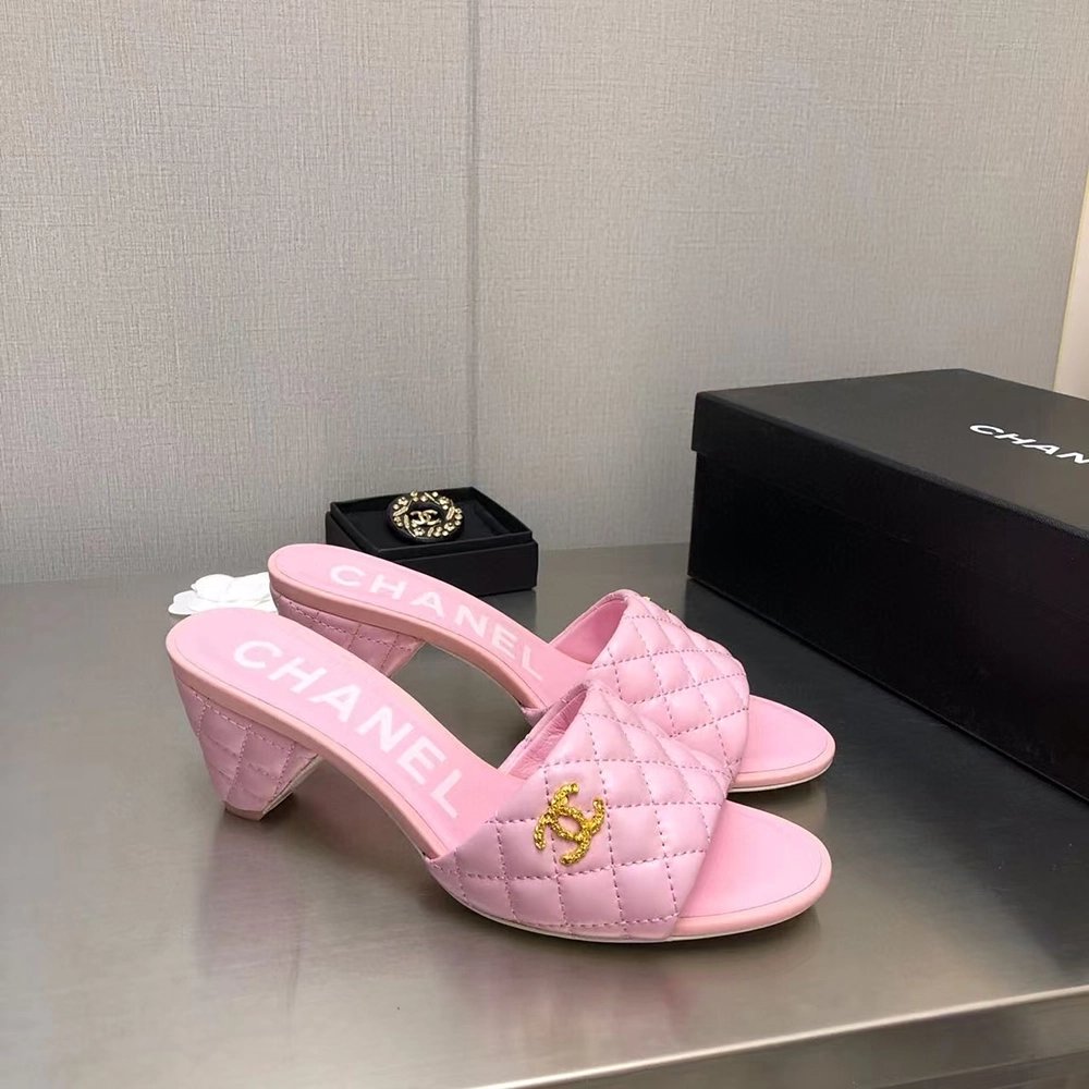 Chanel Lambskin Quilted CC Gold Logo Cone Heel Mule Slide Sandal,CHANEL SNEAKERS