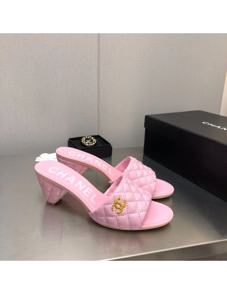 Chanel Lambskin Quilted CC Gold Logo Cone Heel Mule Slide Sandal,CHANEL SNEAKERS