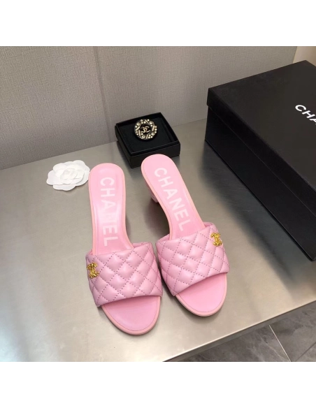 Chanel Lambskin Quilted CC Gold Logo Cone Heel Mule Slide Sandal,CHANEL SNEAKERS