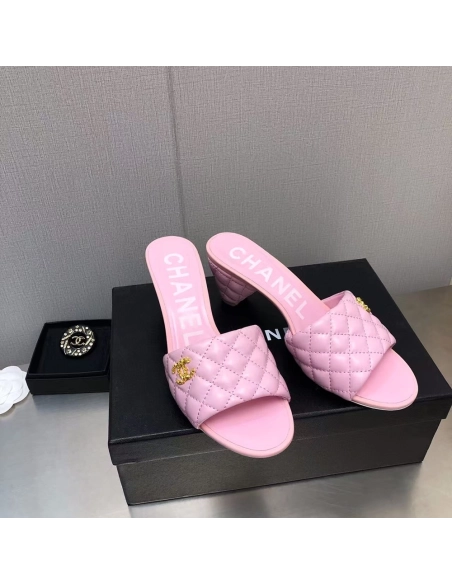 Chanel Lambskin Quilted CC Gold Logo Cone Heel Mule Slide Sandal,CHANEL SNEAKERS