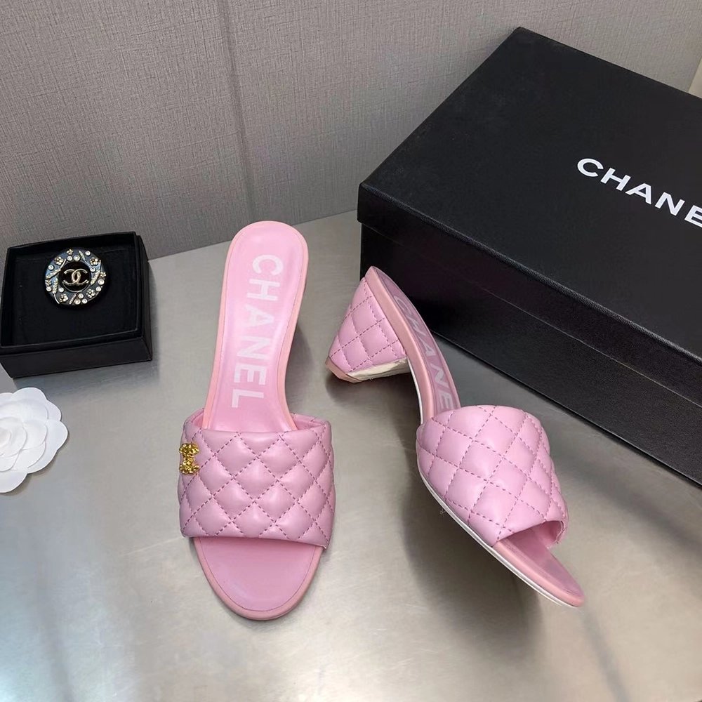 Chanel Lambskin Quilted CC Gold Logo Cone Heel Mule Slide Sandal,CHANEL SNEAKERS